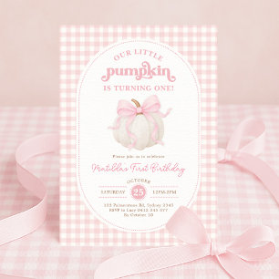 Pink Gingham Little Pumpkin Girl Birthday Party Invitation