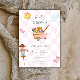 Pink Gingham Locally grown Farmer Baby Shower Invitation