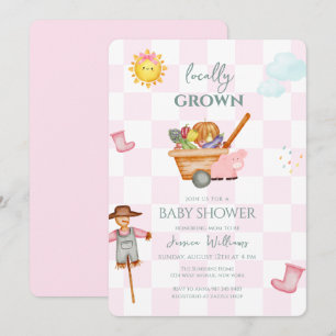 Pink Gingham Locally grown Farmer Baby Shower Invitation