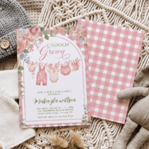 Pink Gingham Locally Grown Girl Baby Shower Invitation