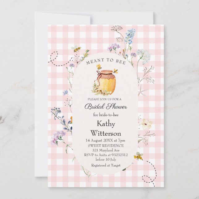 Pink Gingham Meant To Bee Bridal Shower Invitation (Front)
