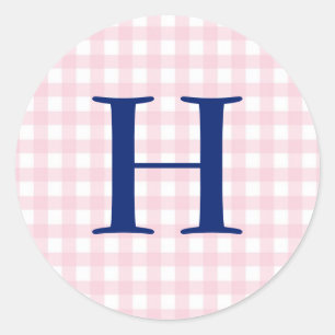 Pink Gingham Monogram Classic Round Sticker