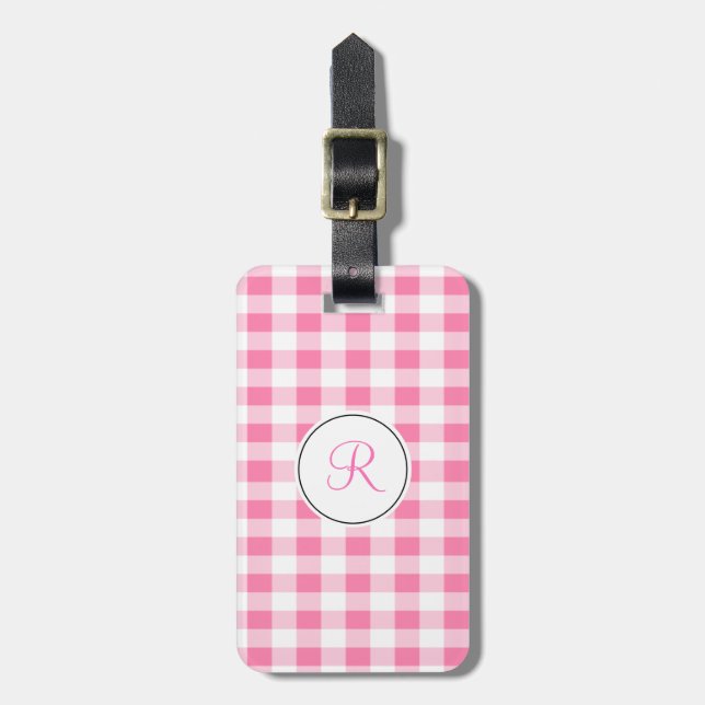 Pink Gingham Monogram Luggage Tag (Front Vertical)
