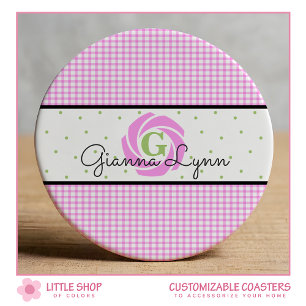 Pink Gingham Monogram Round Paper Coaster