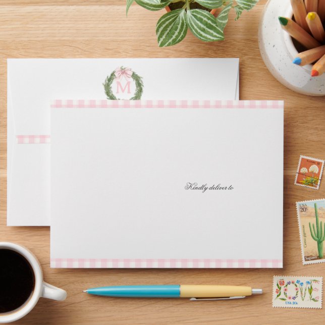 Pink Gingham Monogram Wreath Christmas Envelope (Desk)
