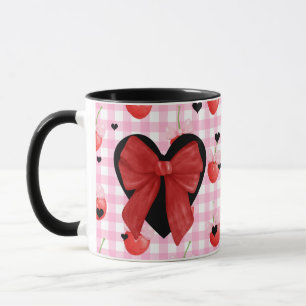 Pink Gingham Mug Black Hearts & Red Bow Cute Gift