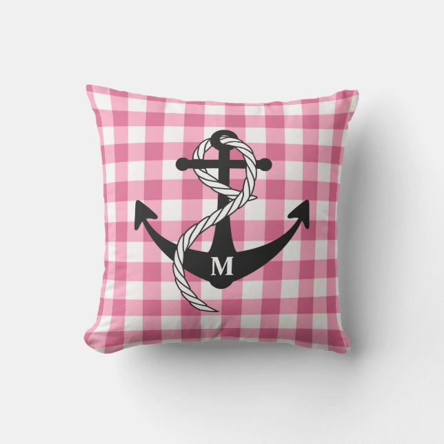 Pink Gingham Nautical Anchor Monogram Cushion (Front)