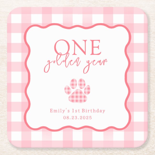 Pink Gingham One Golden Year Girls First Birthday Square Paper Coaster (Front)