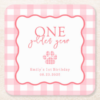 Pink Gingham One Golden Year Girls First Birthday Square Paper Coaster