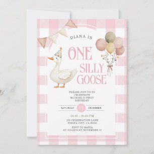 PINK Gingham One Silly Goose Birthday Balloon  Invitation