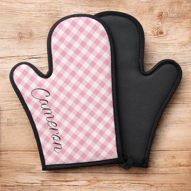 Pink Gingham Oven Mitt with Name Personalised (MISOOK Pink Gingham Oven Mitt with Name)