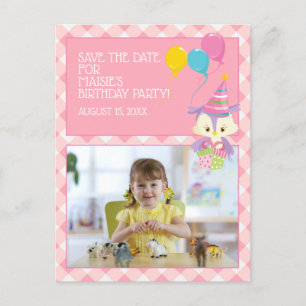 Pink Gingham Owl Child's Photo Birthday Save Date Postcard