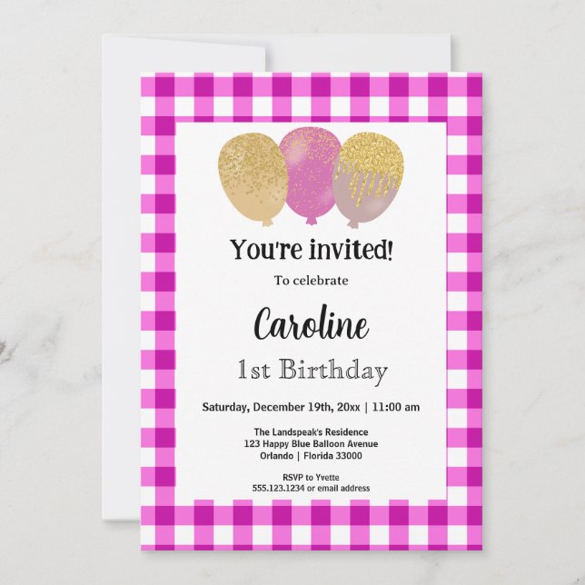 Pink Gingham, Party Balloons 1st Birthday Invitation (Front)
