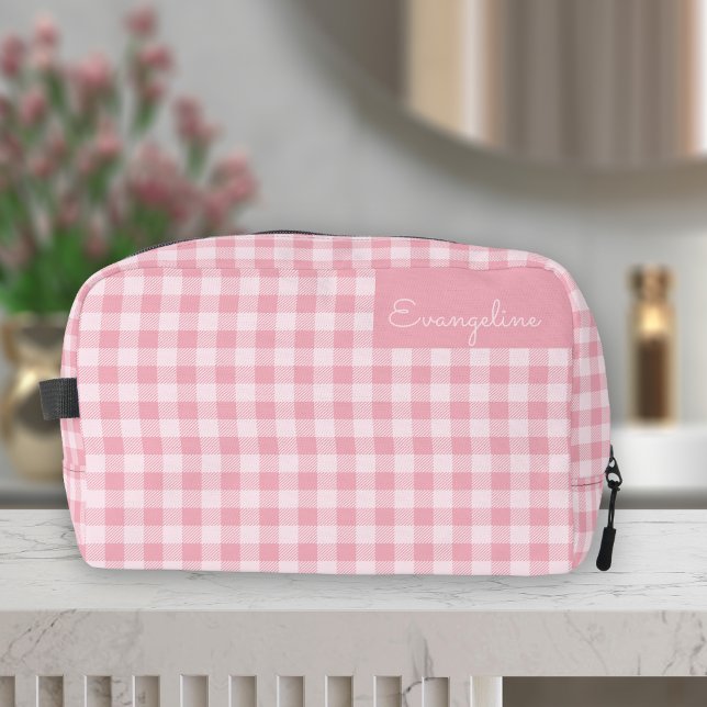 Pink Gingham Pattern Girly Chequered Plaid Name Dopp Kit (Creator Uploaded)