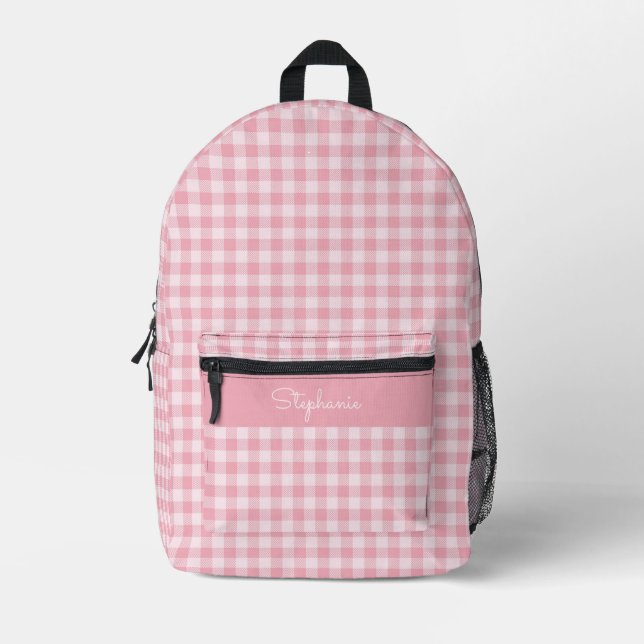 Pink Gingham Pattern Girly Chequered Plaid Name Printed Backpack (Front)