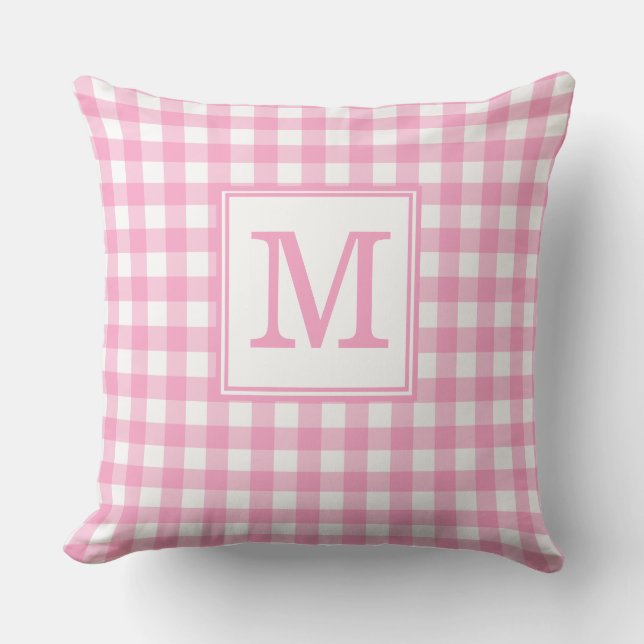 Pink Gingham Pattern Monogram Initial Throw Pillow (Front)