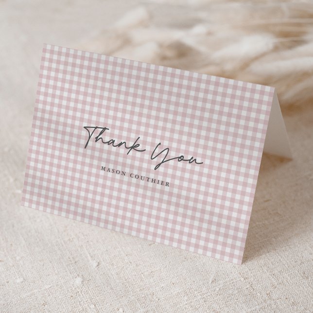 Pink Gingham Pattern Script Folded Photo Thank You Card (Pink Gingham Check Baby Girls Folded Photo Thank You Note Cards.)
