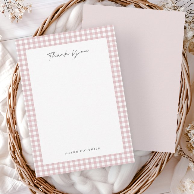 Pink Gingham Pattern  Thank You Card (Pink gingham thank you note cards.)