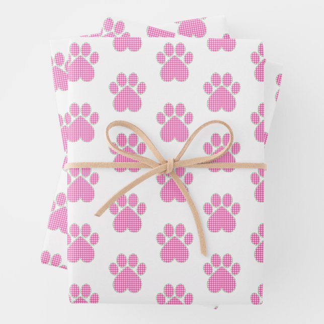 Pink Gingham Paw Print Wrapping Paper (In situ)
