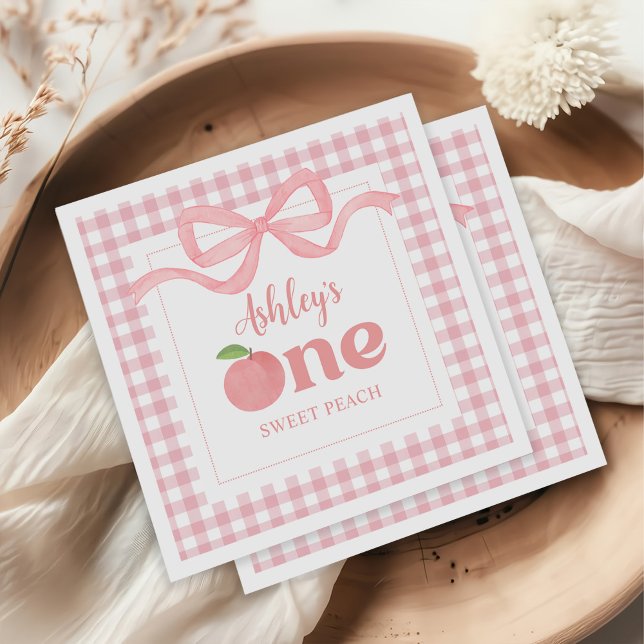 Pink Gingham Peach First Birthday Napkin (Creator Uploaded)