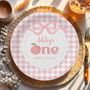Pink Gingham Peach First Birthday Paper Plate