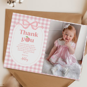 Pink Gingham Peach First Birthday Photo Thank You Card