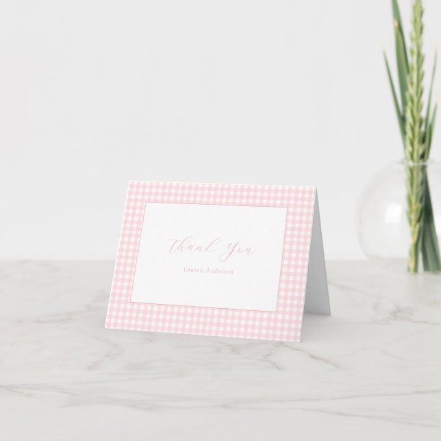 Pink Gingham Personalised Folded Thank You Note Card (Front)