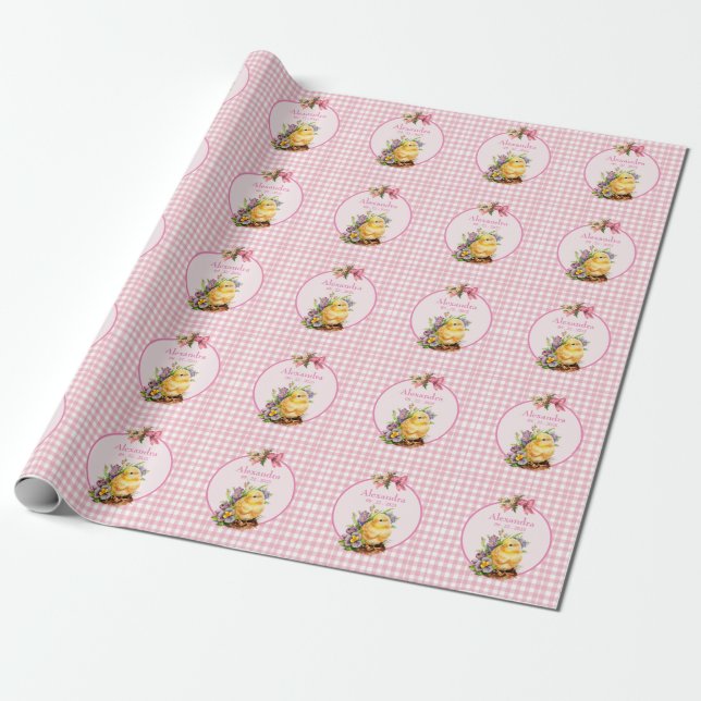 Pink Gingham Personalised Girls Birthday Wrapping Paper (Unrolled)