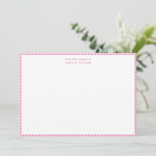 Pink Gingham Personalised Nursery Name Stationery Thank You Card