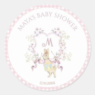 Pink Gingham Peter the Rabbit Monogram Baby Shower Classic Round Sticker