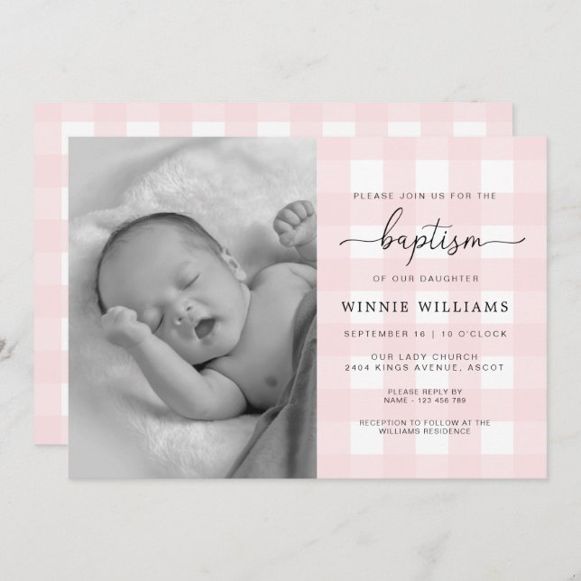 Pink Gingham Photo Baptism Invitation (Front/Back)