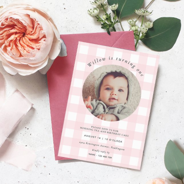 Pink Gingham Photo Birthday Invitation (Birthday Photo Invitation Pink Gingham Check)
