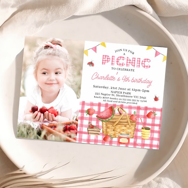Pink Gingham Picnic basket Photo Picnic Birthday Invitation (Girls Picnic Themed Birthday Party Invitation, Summer Picnic Birthday Invite, Outdoor Birthday Party)