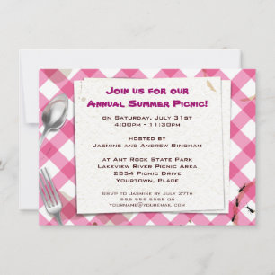 Pink Gingham Picnic BBQ Party Invitation