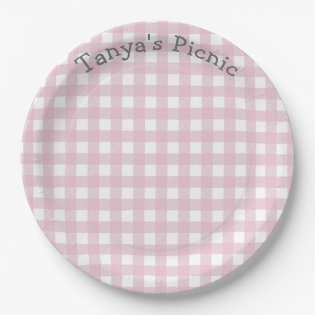 Pink Gingham Picnic Print Baby Birthday Party Paper Plate (Front)