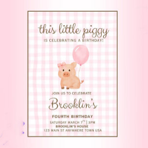 Pink Gingham Pig Birthday Invitation Girl, This