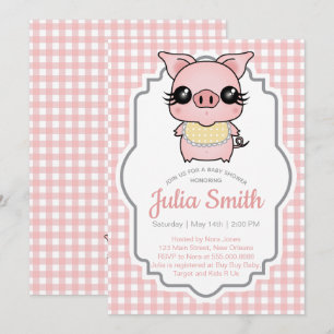 Pink Gingham Piggy Baby Shower Invitation