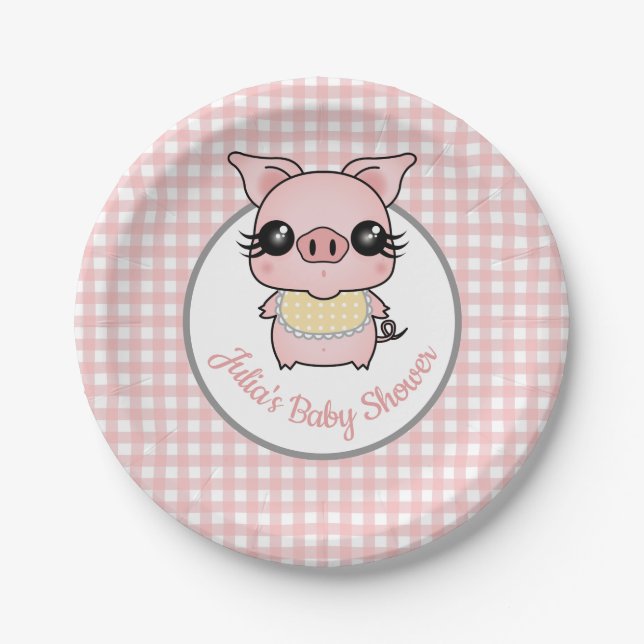 Pink Gingham Piggy Baby Shower Paper Plate (Front)