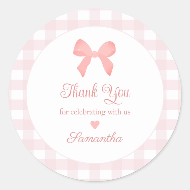Pink Gingham Pink Bow Birthday Classic Round Sticker (Front)