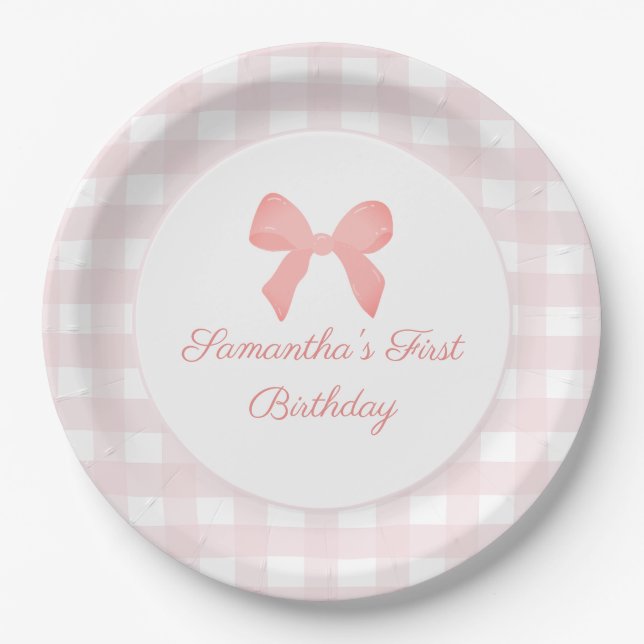 Pink Gingham Pink Bow Birthday Paper Plate (Front)