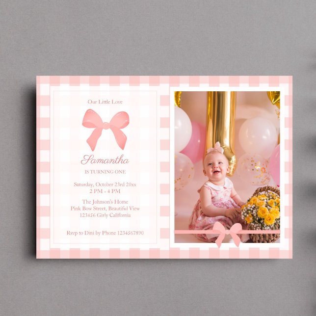 Pink Gingham Pink Bow Birthday Photo Invitation (Creator Uploaded)