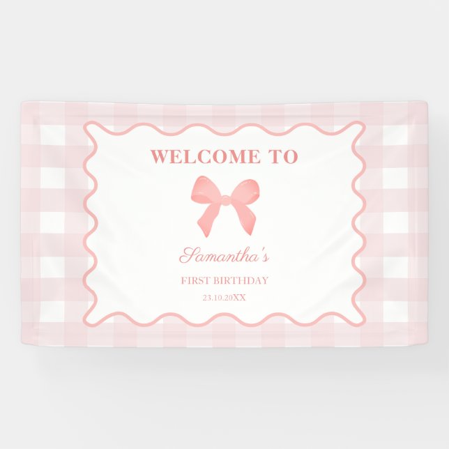 Pink Gingham Pink Bow Birthday Welcome Sign (Horizontal)