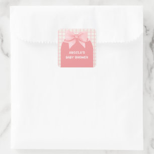 Pink Gingham Plaid Arch Bow Baby Shower  Square Sticker