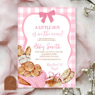 Pink Gingham Plaid Bun in the oven baby shower Inv Invitation