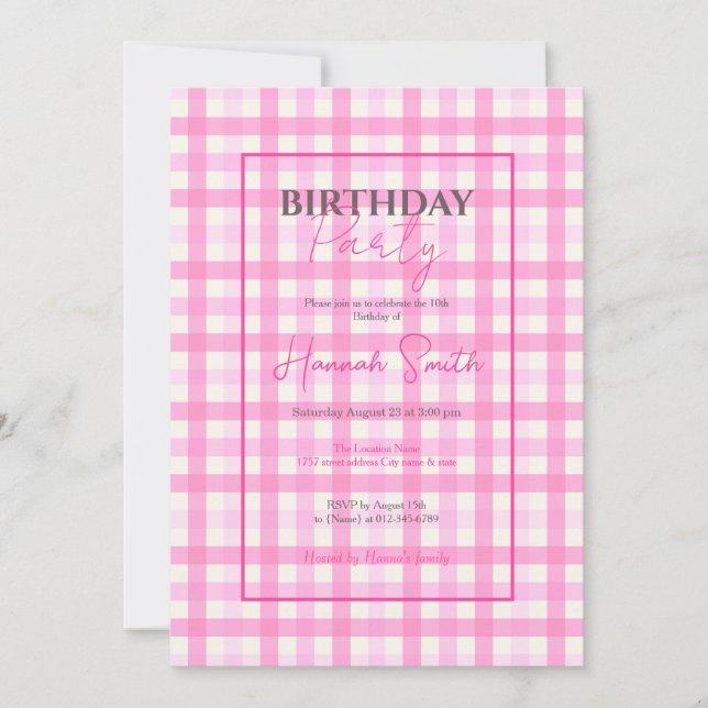 Pink Gingham Plaid Chequered Pattern Invitation (Front)
