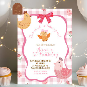 Pink Gingham Plaid Chick 1st Birthday Invitation