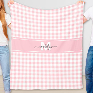 Pink Gingham Plaid Monogram Fleece Blanket