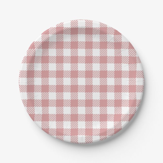 Pink Gingham Plaid Pattern Paper Plate (Front)