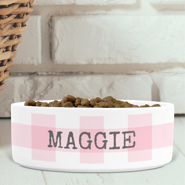 Pink Gingham Plaid Personalised Farmhouse Dog Bowl (Creator Uploaded)