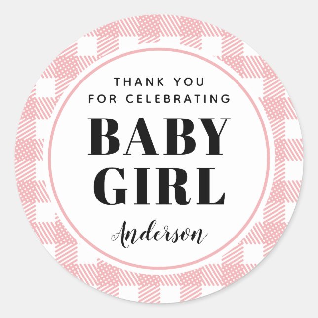Pink Gingham Plaid Thank You Baby Girl Classic Round Sticker (Front)